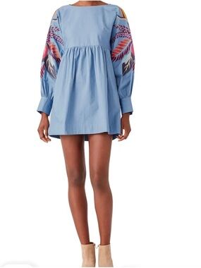 Free People Powder Blue Mini Dress with Multicolor Embroidered Sleeves